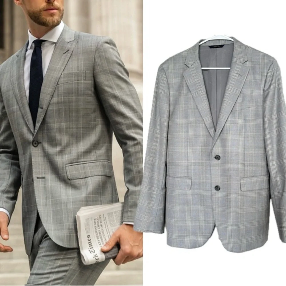 Brooks Brothers 1818 Reda Wool Plaid Gray Blue Long Sleeve Blazer 40R